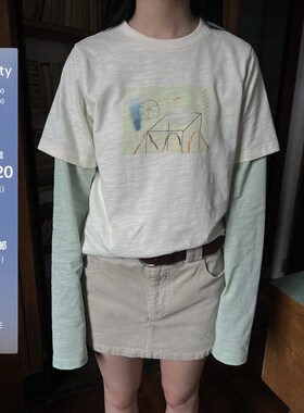 POXFFEE/假两件长袖t恤女宽松设计感小众辣妹正肩内搭打底衫上衣