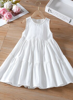 女童无袖连衣裙夏款纯棉白色可扎染背心裙中童拼接前短后长大摆裙
