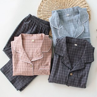 男士纯棉平布睡衣 格子休闲女士家居服两件套 日系情侣春秋长袖