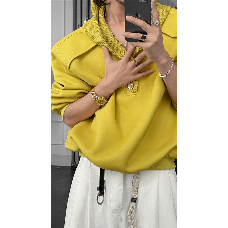 龙叨叨春季新款潮流连帽高级感拼接针织纯色宽松百搭卫衣外套男