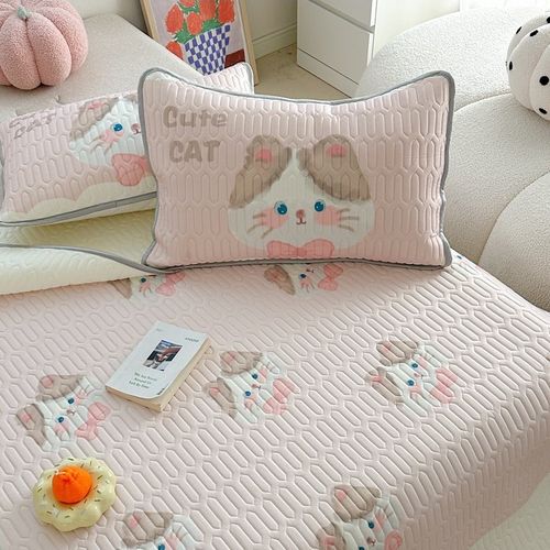 鹿禾家居 可爱卡通猫咪乳胶凉席三件套柔软空调席少女心软席冰垫