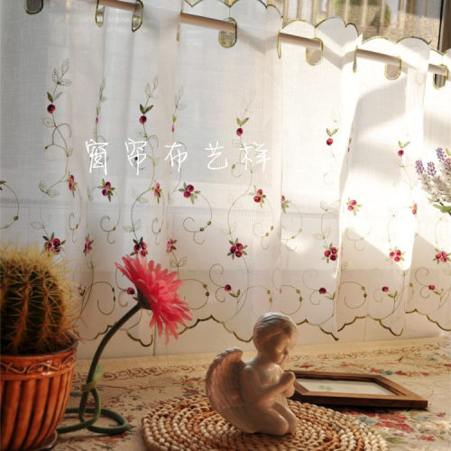 玫瑰咖啡帘短帘纱帘隔断半帘蕾丝田园窗帘窗纱帘厨房飘窗布艺门帘