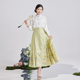 玉兔 汉服套装 绿色马面裙2024新款 新中式 女 小个子夏季 水揽星河