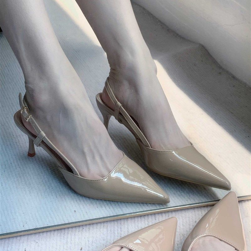 法式漆皮包头凉鞋女2024夏季新款百搭细跟尖头一字扣带气质高跟鞋,女鞋,时装凉鞋,淘宝优惠券,粉丝福利购,淘宝优惠卷