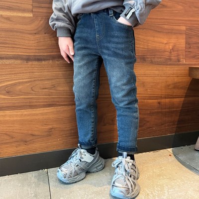 童装男童薄绒小脚修身瘦版牛仔裤子2024冬季抓绒宝宝韩版儿童长裤