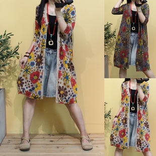 中长款 显瘦V领外套开衫 针织衫 新款 女2020夏季 复古花朵棉麻五分袖