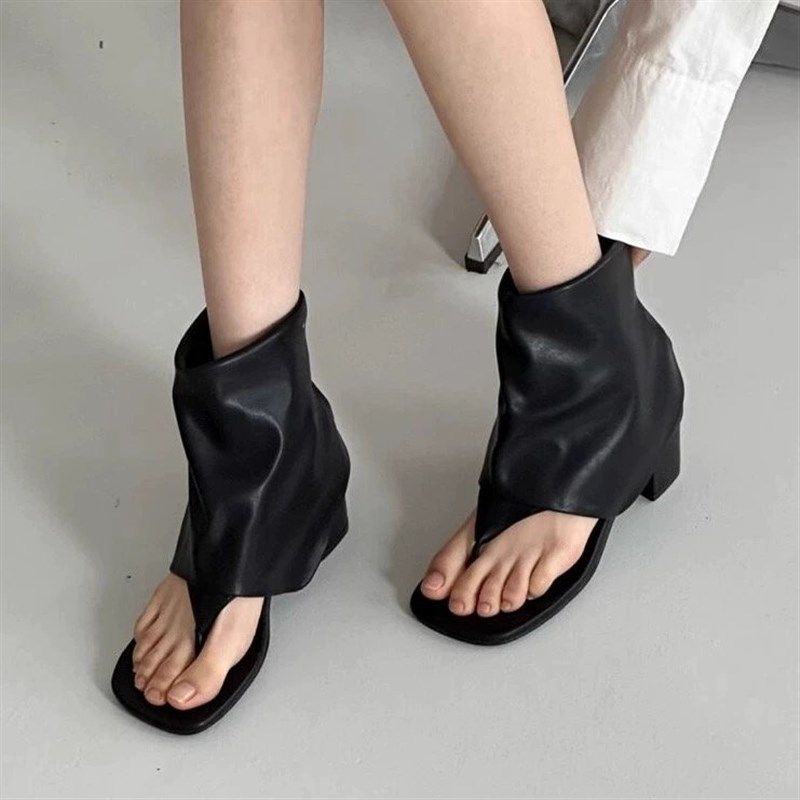夹趾人字凉鞋女2024夏季新款粗跟套筒高跟鞋短筒气质法式凉靴外穿,女鞋,时装凉鞋,淘宝优惠券,粉丝福利购,淘宝优惠卷