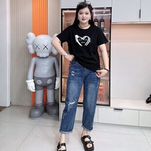 胖mm复古宽松显瘦松紧九分直筒裤 大码 女2024新款 破洞牛仔裤 夏季