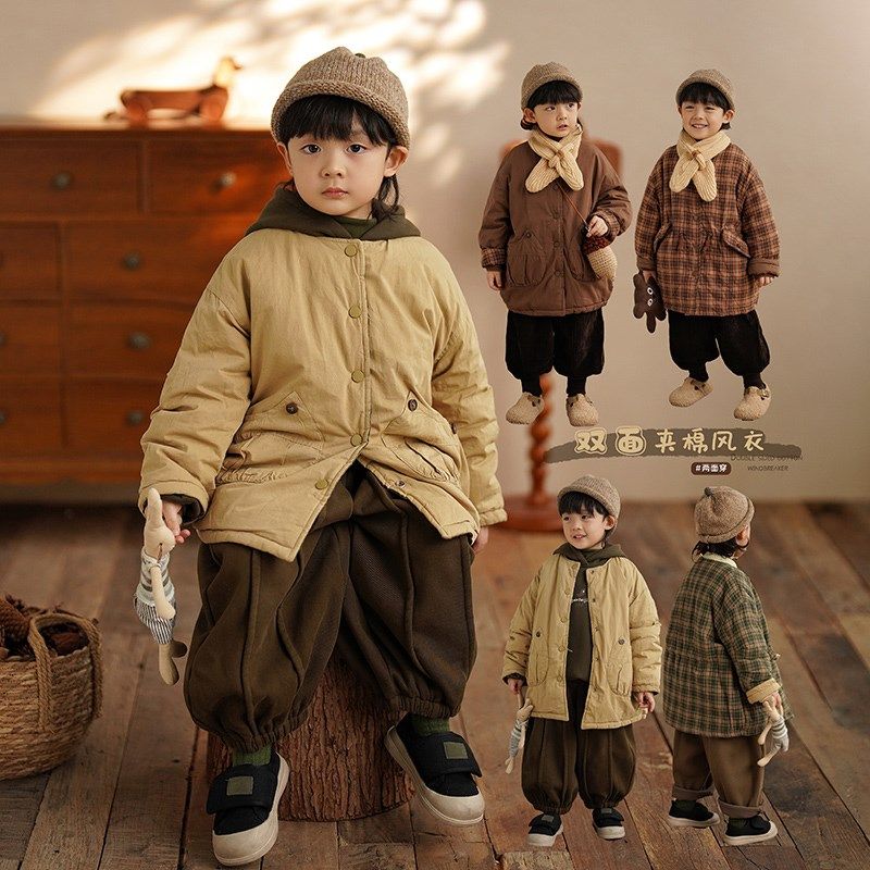 砚台家日系男童两面穿风衣儿童格子外套中小童夹棉夹克中长款冬装