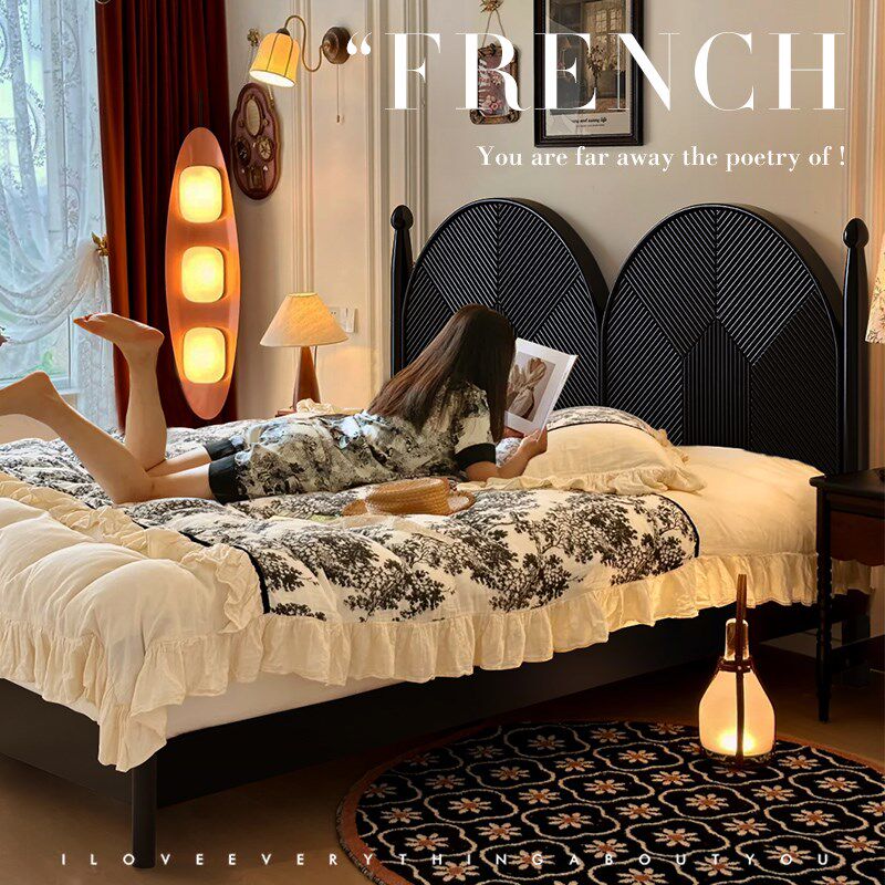 实木床法式中古风雕花床1.5黑色复古床主卧现代简约小户型储物床