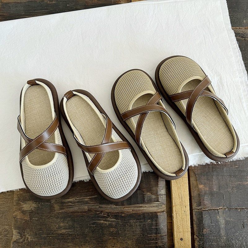 禅意复古包头拖鞋女镂空网面夏棉麻半拖平底鞋一脚蹬舒适软底女鞋,女鞋,包头拖,淘宝优惠券,粉丝福利购,淘宝优惠卷