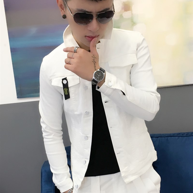 春季男士牛仔外套潮流翻领白色修身帅气上衣青年小码男装短款夹克图片