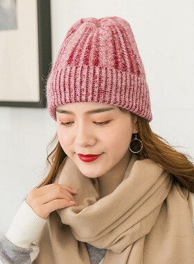 春秋时尚新款针织帽女韩版百搭麻花条纹卷边兔毛舒适保暖毛线帽子