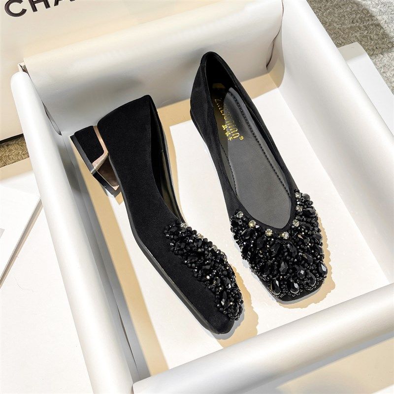 法式水钻粗跟单鞋女夏2025新款方头浅口中跟瓢鞋配裙子黑色通勤鞋,女鞋,浅口单鞋,淘宝优惠券,粉丝福利购,淘宝优惠卷