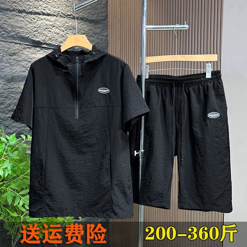 特大码速干运动夏季套装男款褶皱时尚2025休闲短袖连帽衫男半拉链图片
