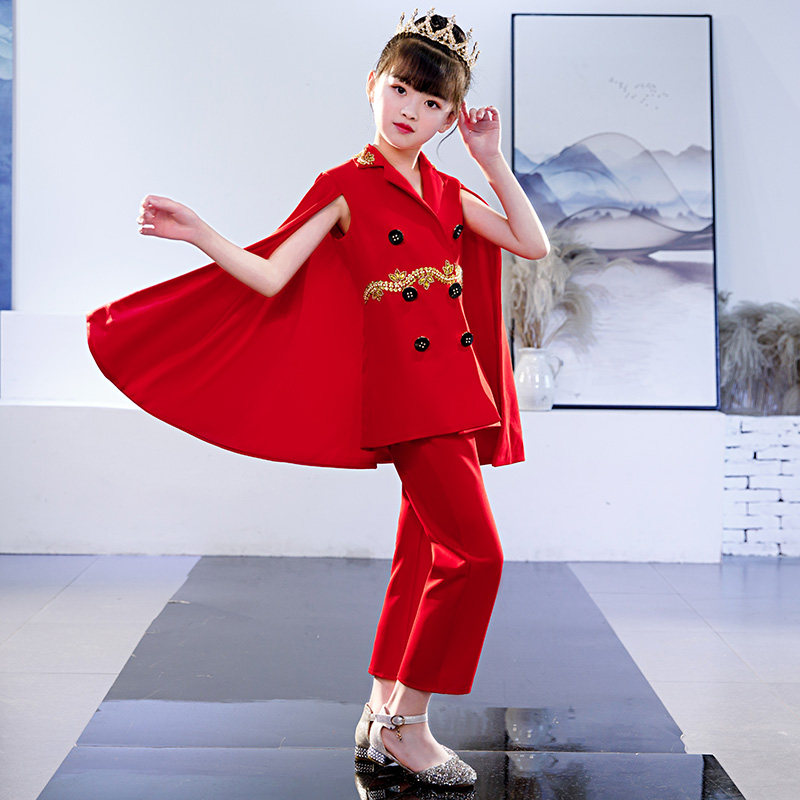 2023新款儿童走秀西装潮服红色个性女童模特秀时装秀套装演出服