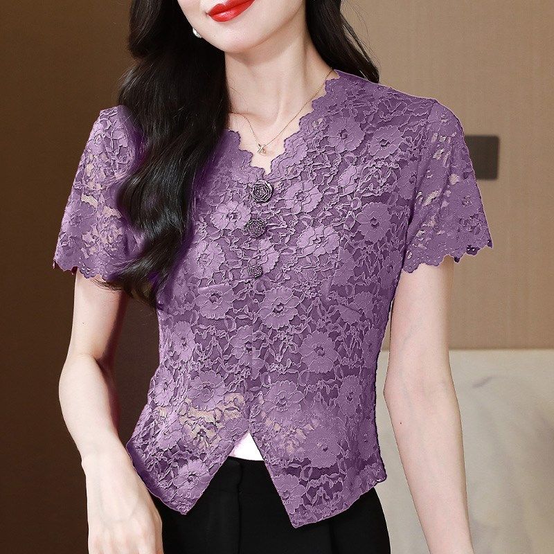 高级感V领蕾丝短袖T恤女2025夏季新款设计感小众短款小个子上衣女图片