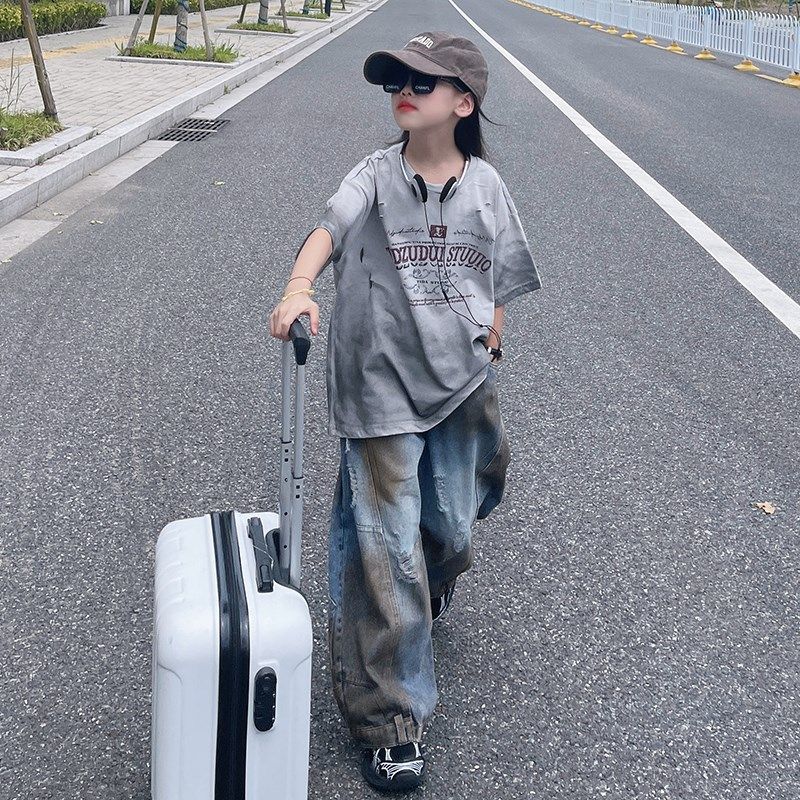 女童夏装套装韩系潮酷穿搭炸街复古破洞废土风短袖休闲宽松牛仔裤