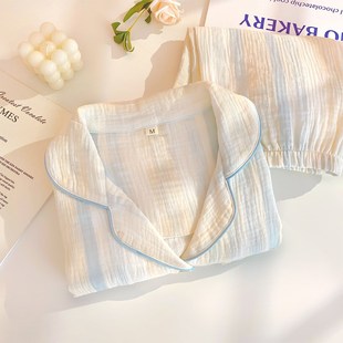 夏季睡衣女款短袖短裤泡泡棉纱翻领条纹纯棉纱布家居服可外穿套装