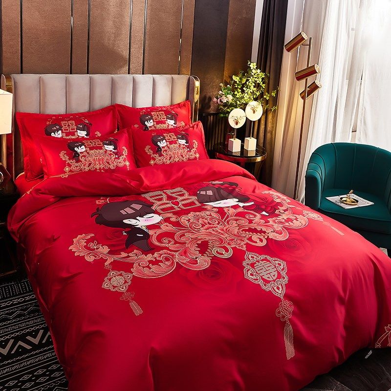 中国式民族风婚庆结婚四件套喜被床单床裙款大红色被子枕头十件套,床上用品,婚庆床品套件,淘宝优惠券,粉丝福利购,淘宝优惠卷