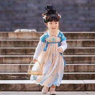女童汉服国风齐胸襦裙连衣裙2025年儿童蓝色唐代古风裙半壁假两件
