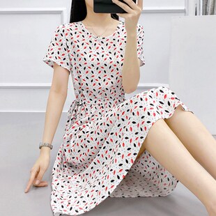 2025新款高端碎花棉绸连衣裙女夏季外穿圆领收腰人造棉大摆裙子