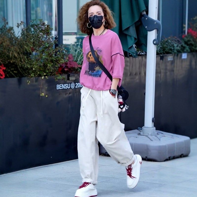 2025年夏季新款卡通印花短袖T恤+水洗棉休闲哈伦裤显瘦两件套装女,女装/女士精品,时尚套装,淘宝优惠券,粉丝福利购,淘宝优惠卷