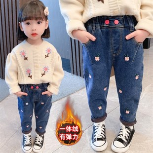 子3女童洋派老爹裤 女宝宝加绒软牛仔裤 7岁儿童一体薄绒裤 秋冬季
