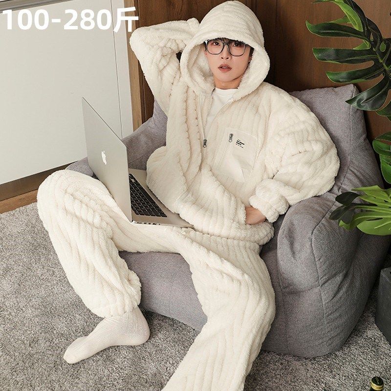 胖子连帽睡衣套装男特大码秋冬季加肥加大号超宽松加绒加厚居家服