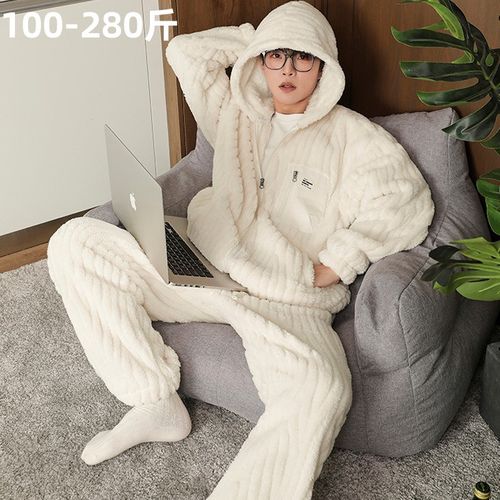 胖子连帽睡衣套装男特大码秋冬季加肥加大号超宽松加绒加厚居家服