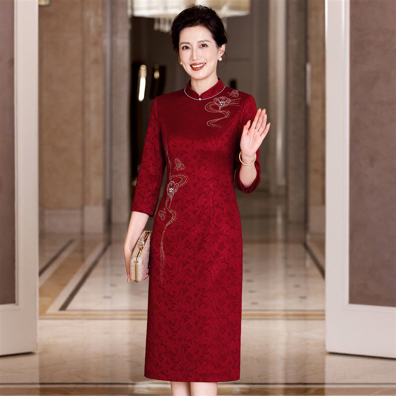 喜妈妈婚宴礼服晚装敬酒服红色中式国风改良旗袍2025新款婆婆喜服