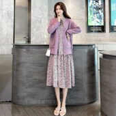 孕妇气质连衣裙2024秋装 辣妈外出宽松碎花雪纺裙针织套装 新款 个性