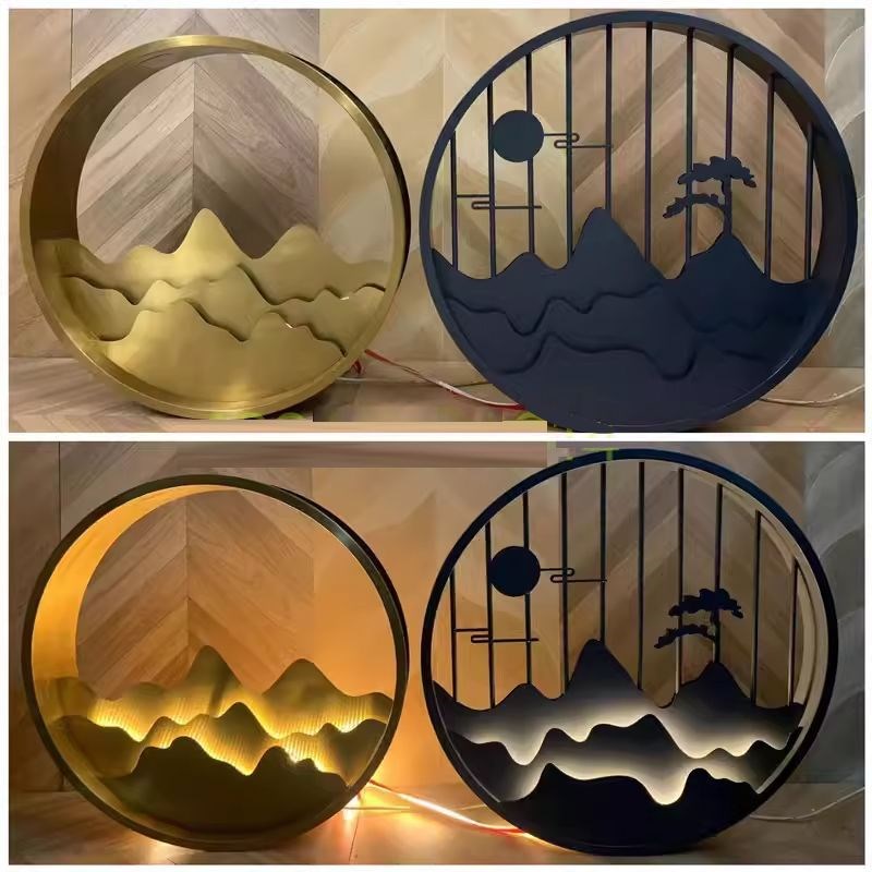 户外假山不锈钢圆形屏风镂空影壁墙铝板浮K雕迎客松玄关隔断背景