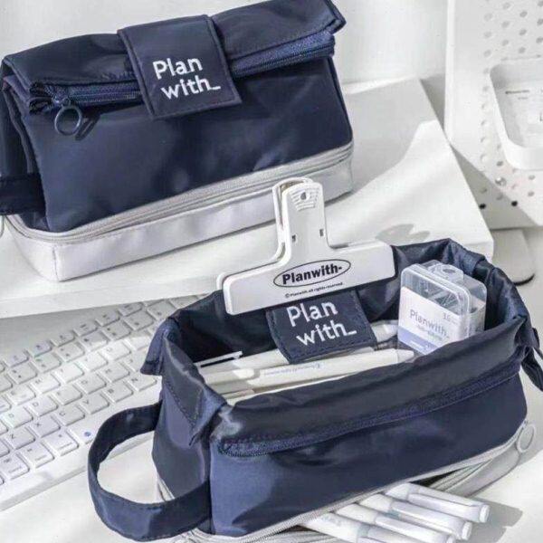 双层笔袋收纳帆布纯色大容量铅笔袋简约文具盒学生男耐脏化妆包女