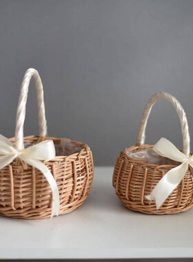 结婚小花童撒花篮藤编花盆草编手提竹篮婚礼拍照竹编婚庆插花篮子