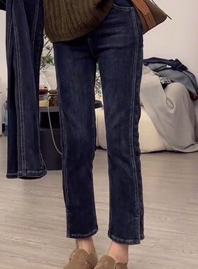 孕妇裤子外穿春秋弹力开叉牛仔裤黑色托腹九分百搭加绒直筒烟管裤