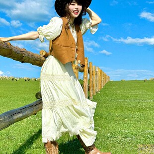 大西北云南沙漠草原旅游穿搭复古民族风长连衣裙宽松流苏长裙子女