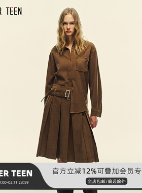 AFTER TEEN可拆卸腰带复古对褶百褶裙 廓形衬衫两件套装