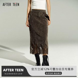 中长款 AFTER 蕾丝拼接慕斯灯芯绒半裙 宽腰带 半身裙 TEEN低腰节