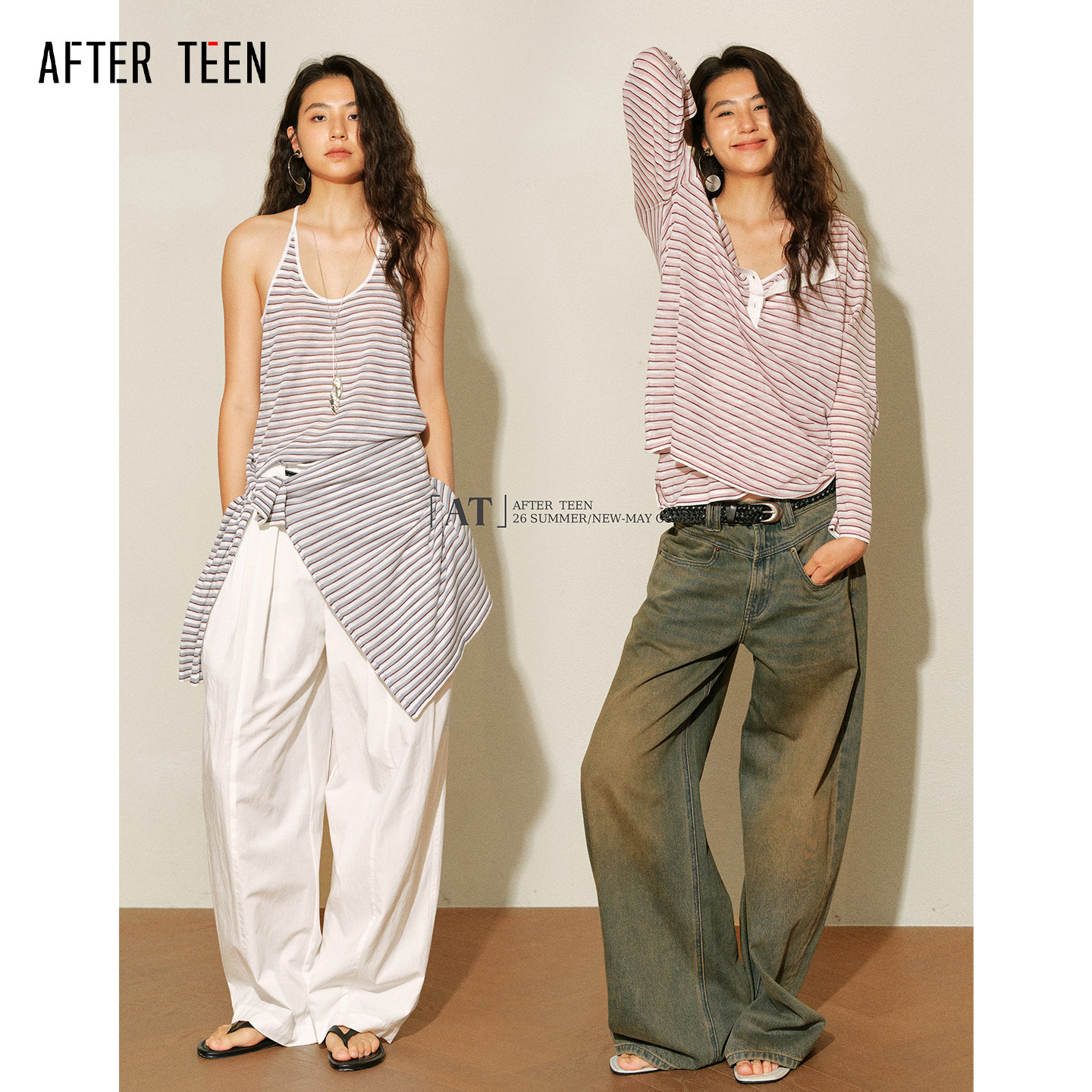 AFTER TEENBasic*条纹毛织一体吊带防晒外罩两件套 - 实物图