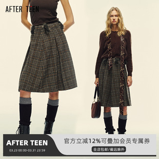 饰过膝中长款 毛球装 羊毛毛呢短半身裙 TEEN复古格纹百褶裙 AFTER