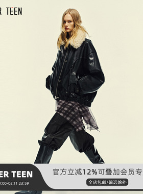 AFTER TEEN可拆卸毛领复古机能风短款磁吸扣PU皮外套 羽绒服皮衣