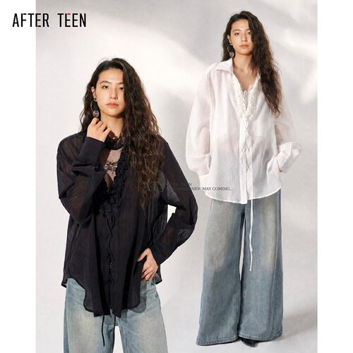 AFTER TEEN「复古未来后现代主义」手工花朵装饰交叉绑带防晒衬衫