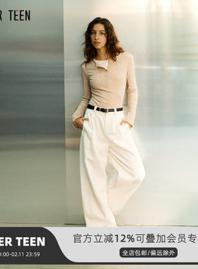 AFTER TEEN侧面褶皱茧型阔腿裤 长款白色黑色高腰廓形弯刀裤子
