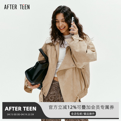 AFTER TEEN仿麂皮毛领直充90白鸭绒羽绒服 廓形派克服中长款