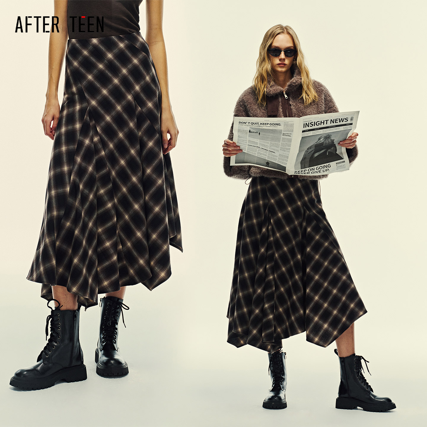 AFTER TEENAT「复古英伦｜经典回溯」经典格纹阔摆不对称半身长裙