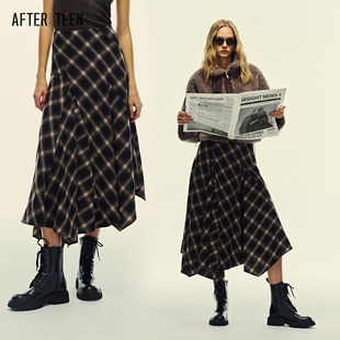 双倍耗料 不对称裙边 格纹阔摆格纹半身长裙 TEEN斜裁工艺 AFTER