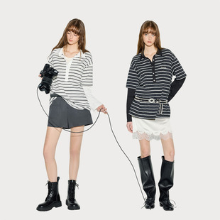 AFTER TEEN 松弛廓形感可叠穿条纹拼接袖假两件长袖T恤 简约短裤