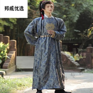 柯比登汉伴汉服男款唐制圆领袍古装冬季男生古风仙气明制道袍--蓝