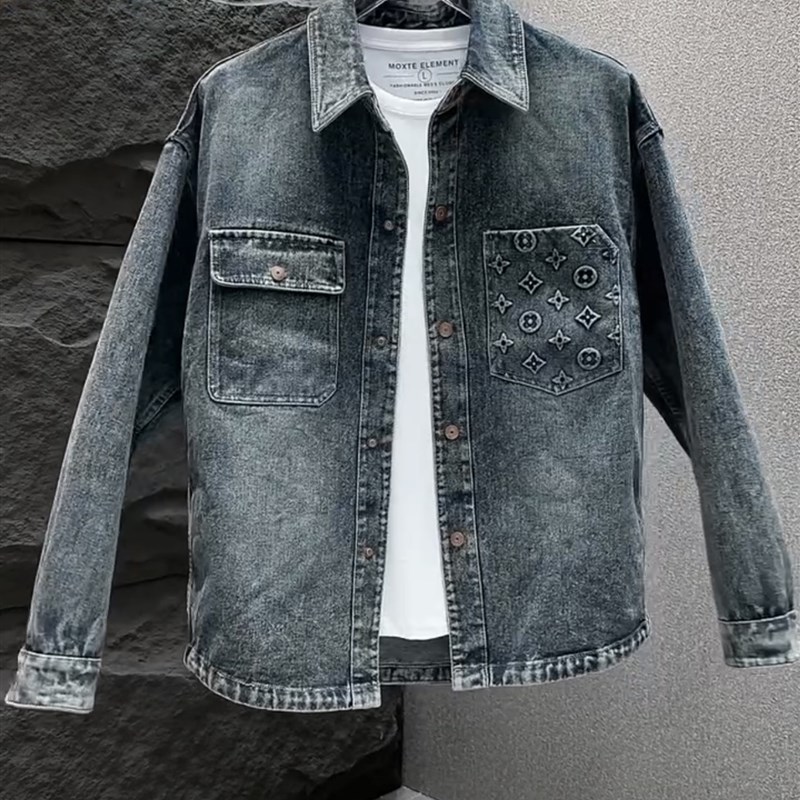 男装2024新款翻领夹克男潮流水洗渐变色牛仔衬衣外套宽松春秋上衣